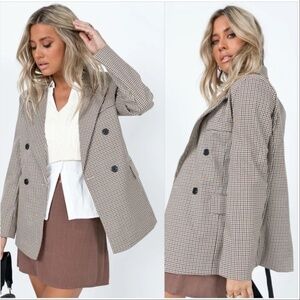 Princess Polly Keiera Plaid Blazer Cream, Brown, Black Size 0 XS